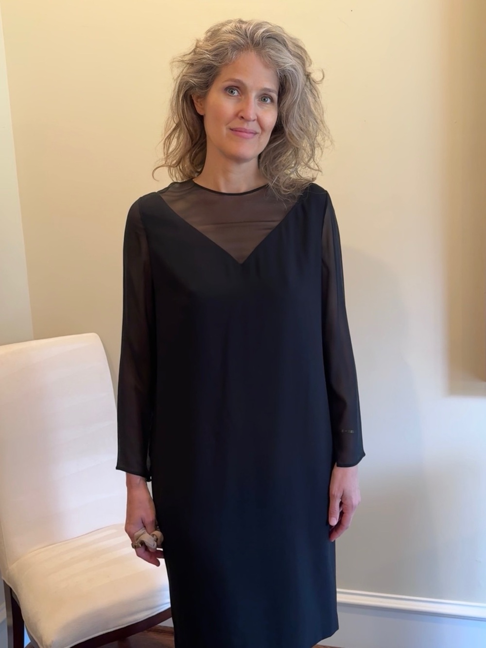bill blass Black Sheer-Yoke Long Sleeve Shift Dress Vintage- 12